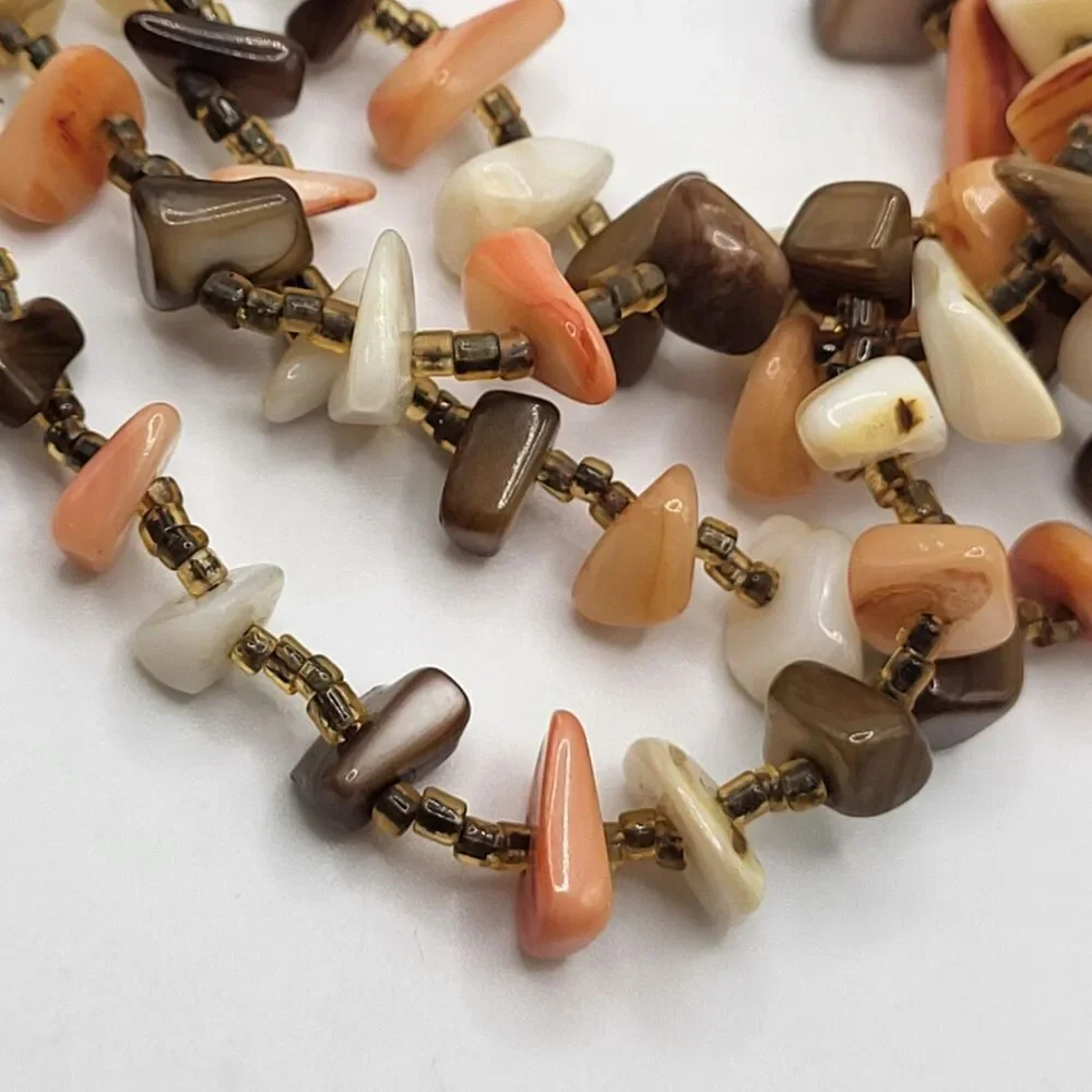 Chunky Bohemian Multistrand Brown Orange Shell Choker Necklace 15in